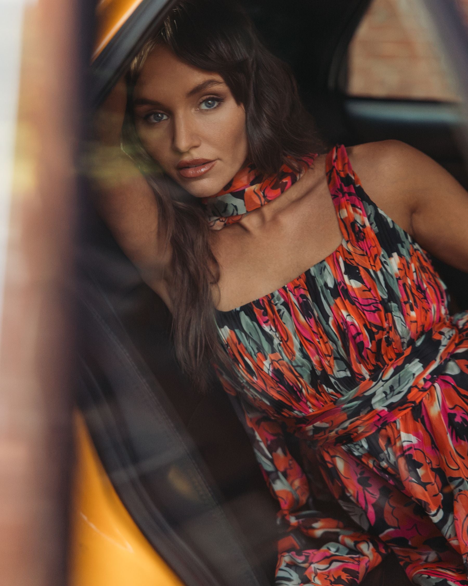 Orange Multicolor Floral Chiffon Gown With Scarf Mac Duggal
