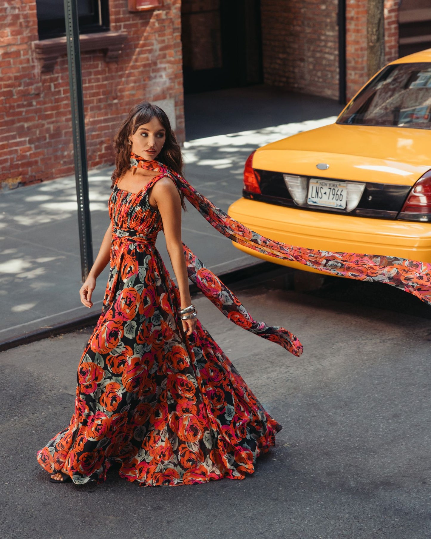 Orange Multicolor Floral Chiffon Gown With Scarf Mac Duggal