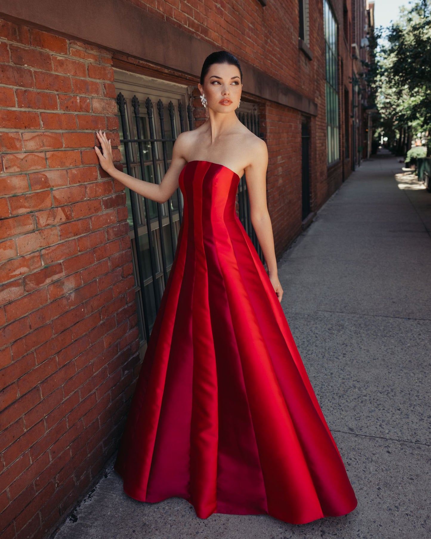 Red Strapless Mikado Panel Ball Gown - Ieena for Mac Duggal