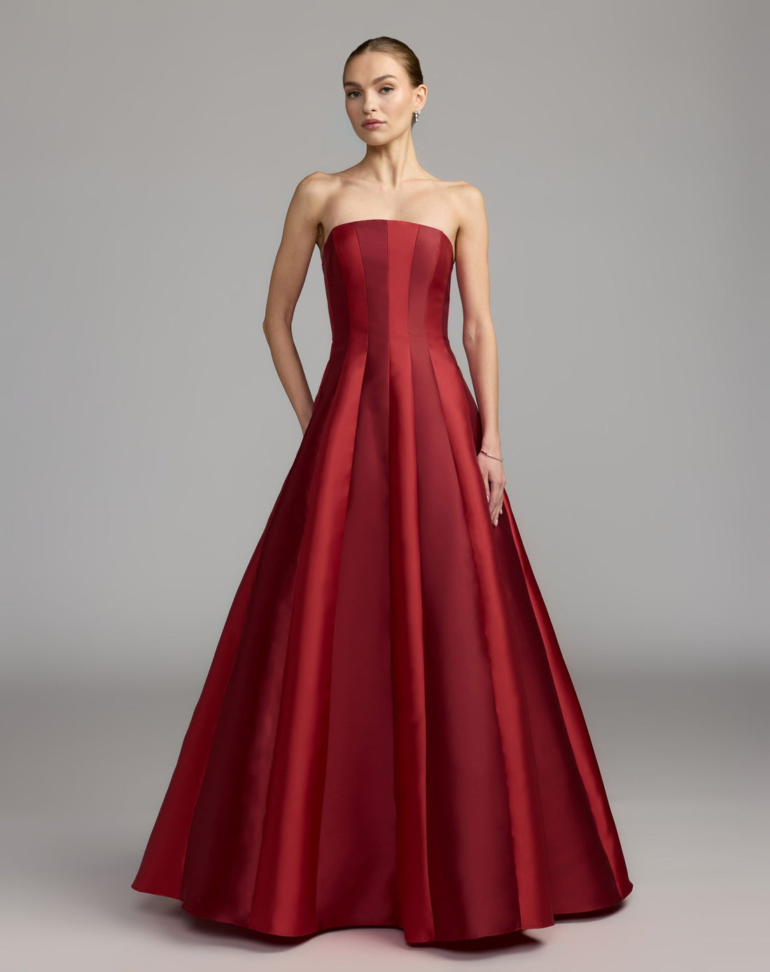 Red Strapless Mikado Panel Ball Gown - Ieena for Mac Duggal