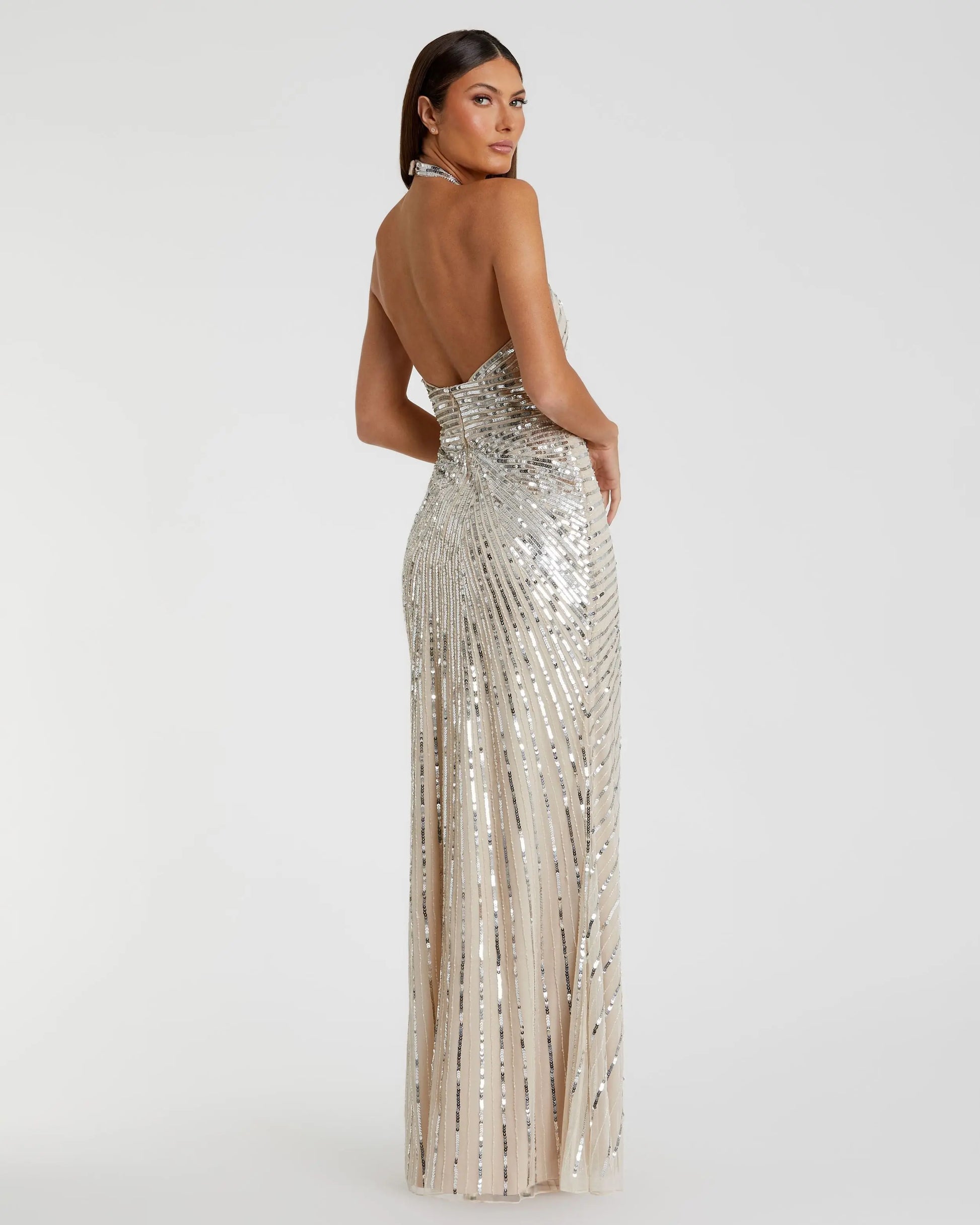 Mac Duggal - Silver Sequin Halter Keyhole Column Gown - Nude/Silver / US 4 Mac Duggal - Silver Sequin Halter Keyhole Column Gown - Nude/Silver / US 4