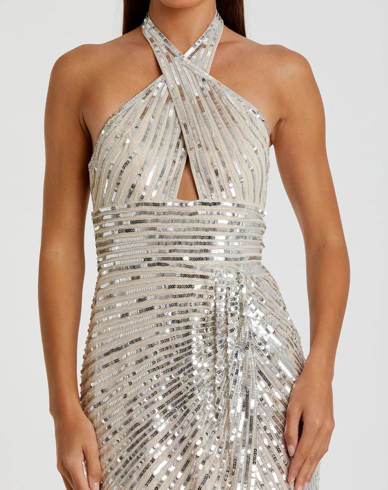 Silver Sequin Halter Keyhole Column Gown | Mac Duggal Silver Sequin Halter Keyhole Column Gown | Mac Duggal