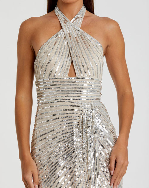 Embellished Keyhole Halter Strap Draped Gown