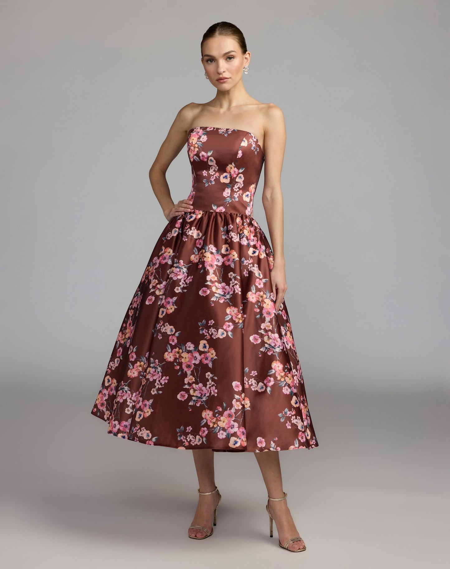 Brown Floral Satin Strapless A-Line Midi Dress - Mac Duggal