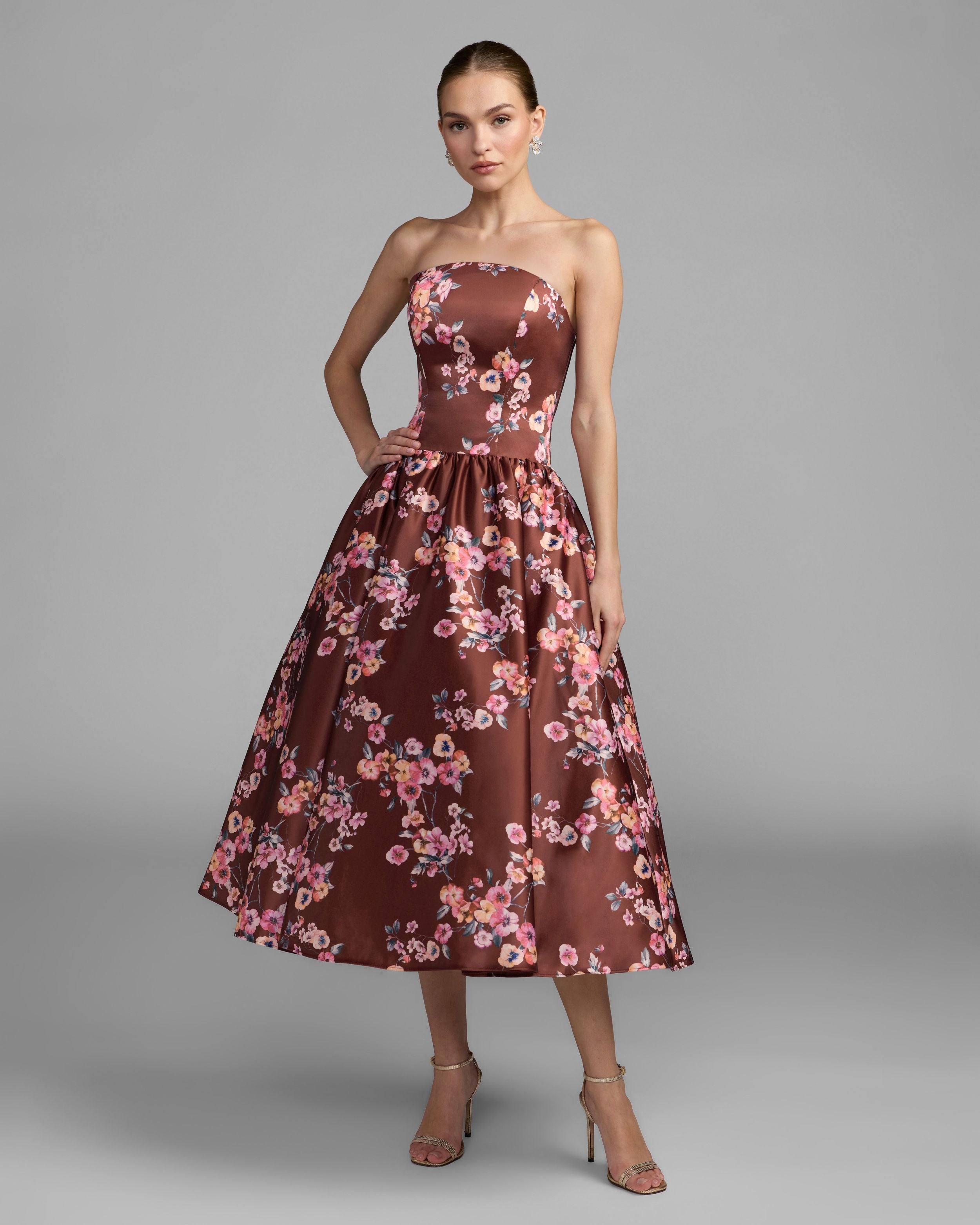 Brown Floral Satin Strapless A-Line Midi Dress - Mac Duggal