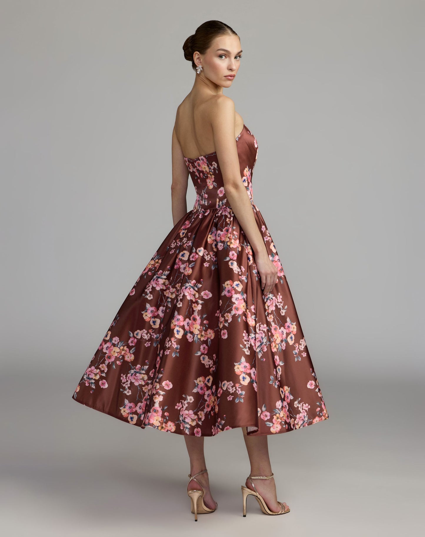 Brown Floral Satin Strapless A-Line Midi Dress - Mac Duggal