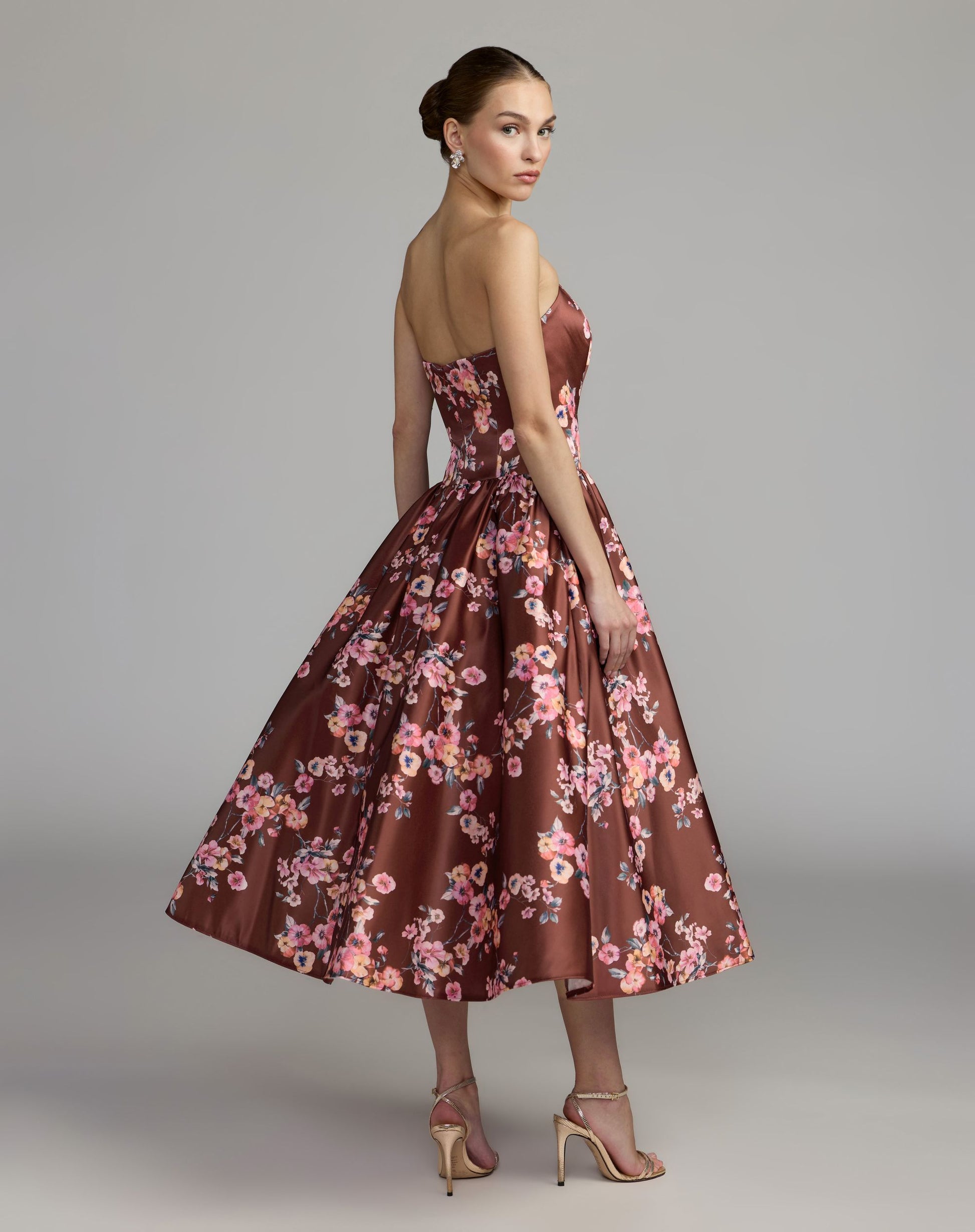 Brown Floral Satin Strapless A-Line Midi Dress - Mac Duggal
