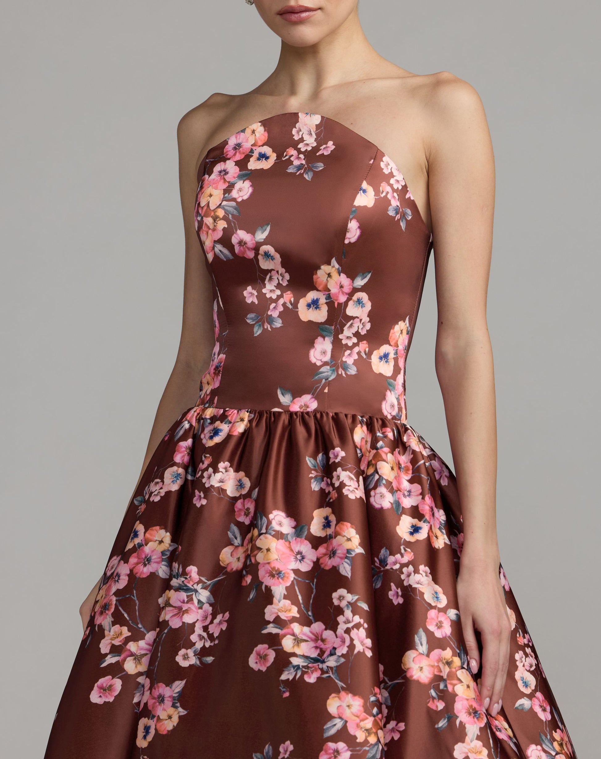 Brown Floral Satin Strapless A-Line Midi Dress - Mac Duggal