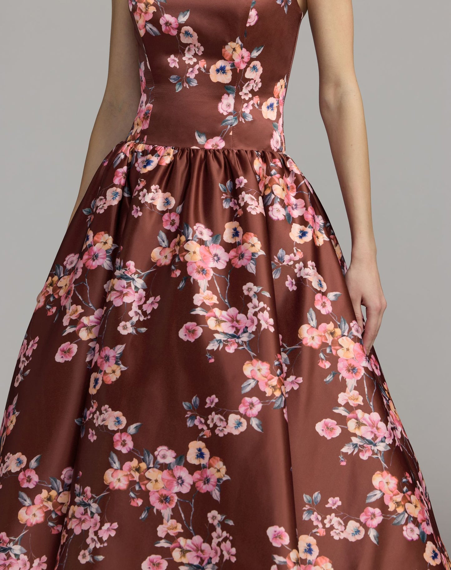Brown Floral Satin Strapless A-Line Midi Dress - Mac Duggal