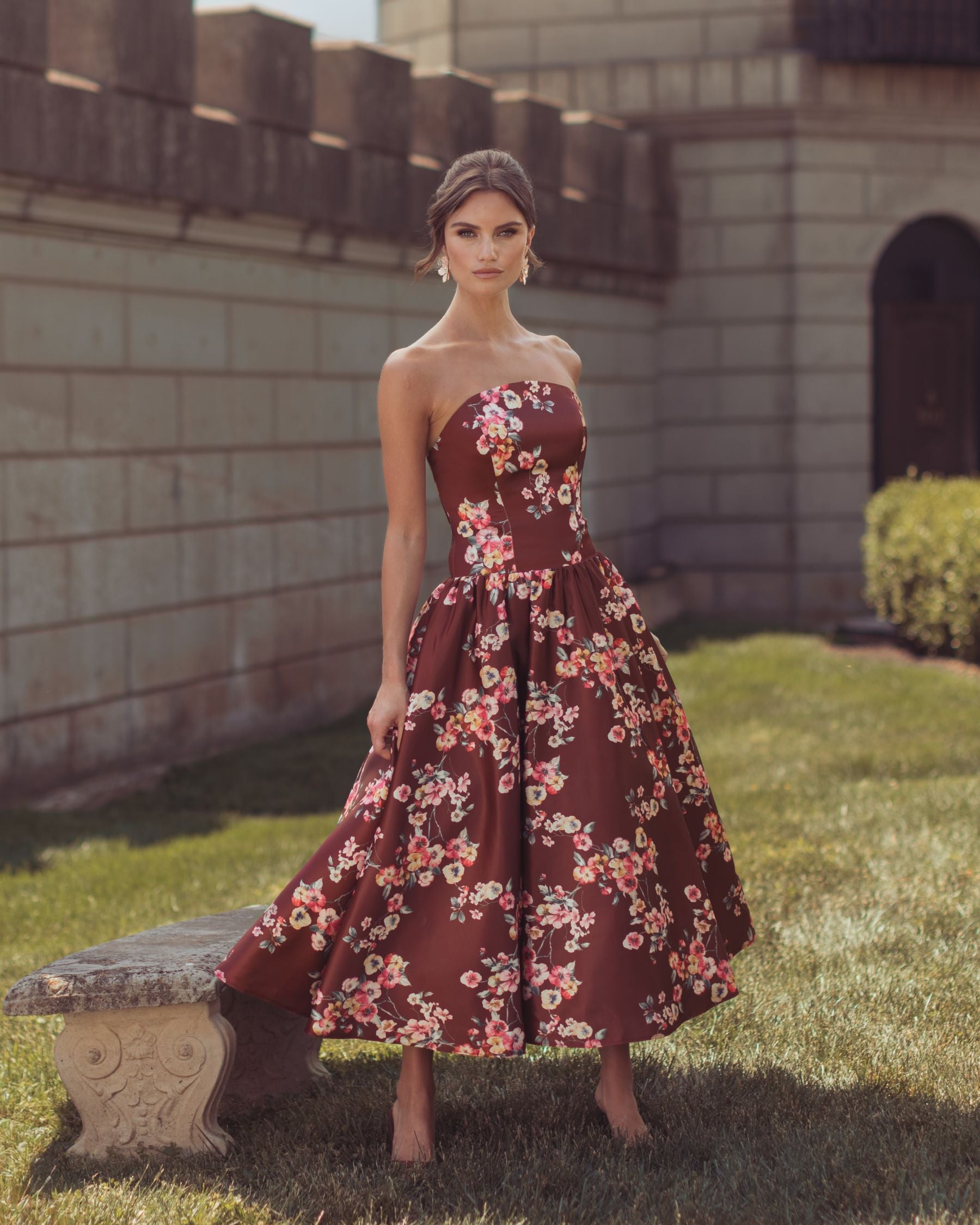 Brown Floral Satin Strapless A-Line Midi Dress - Mac Duggal