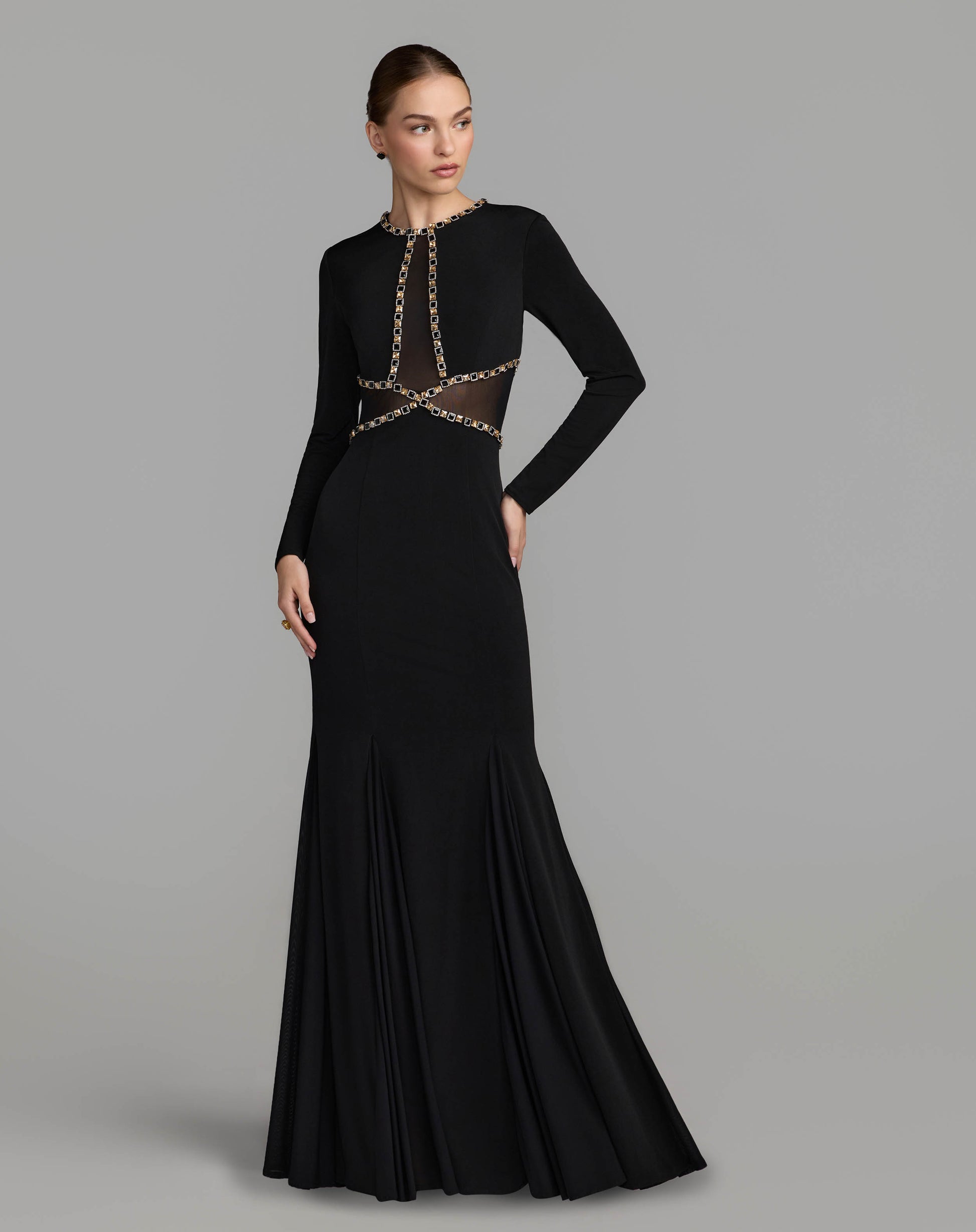 Black Crystal Trim Illusion Mermaid Gown Ieena for Mac Duggal