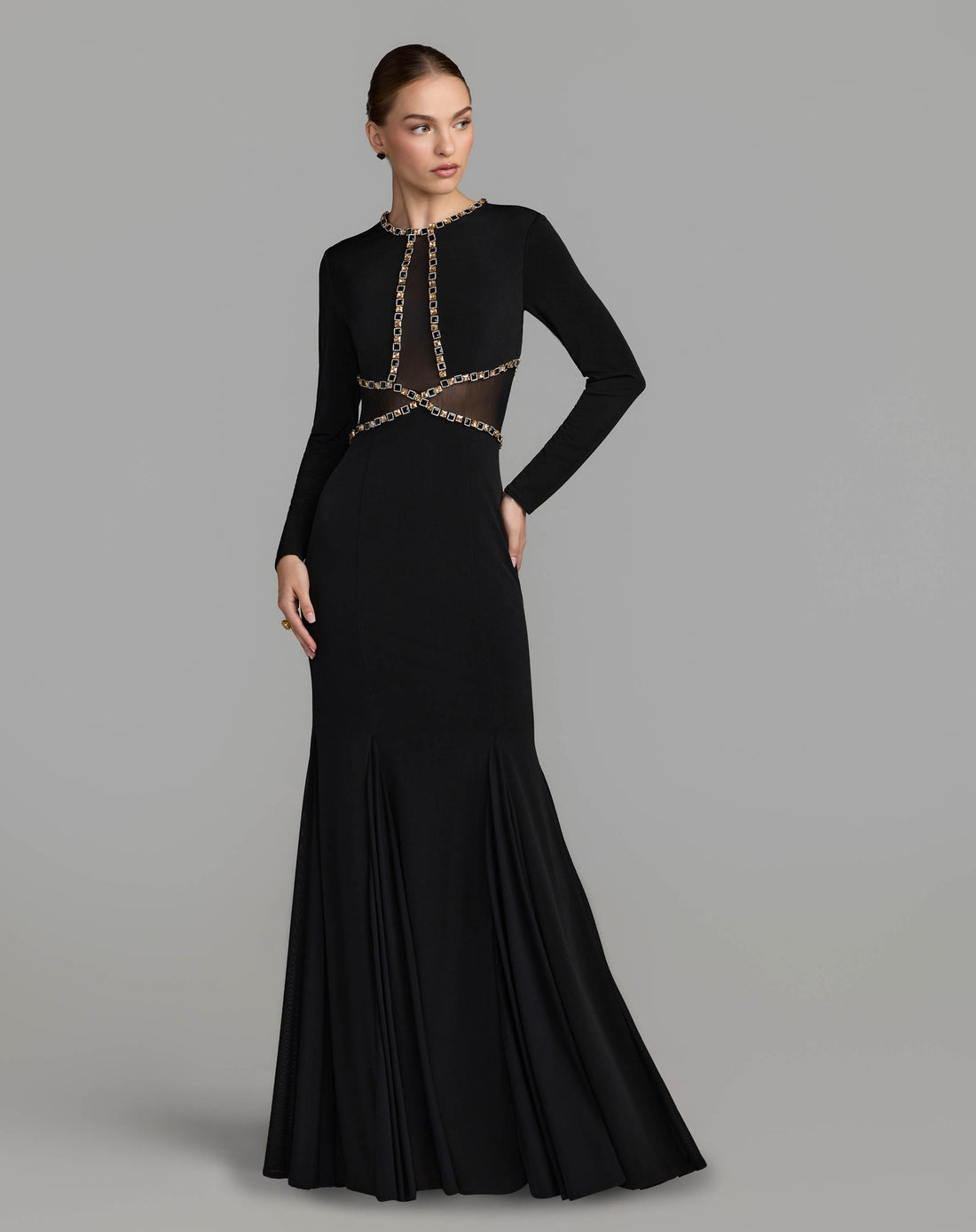 Black Crystal Trim Illusion Mermaid Gown Ieena for Mac Duggal