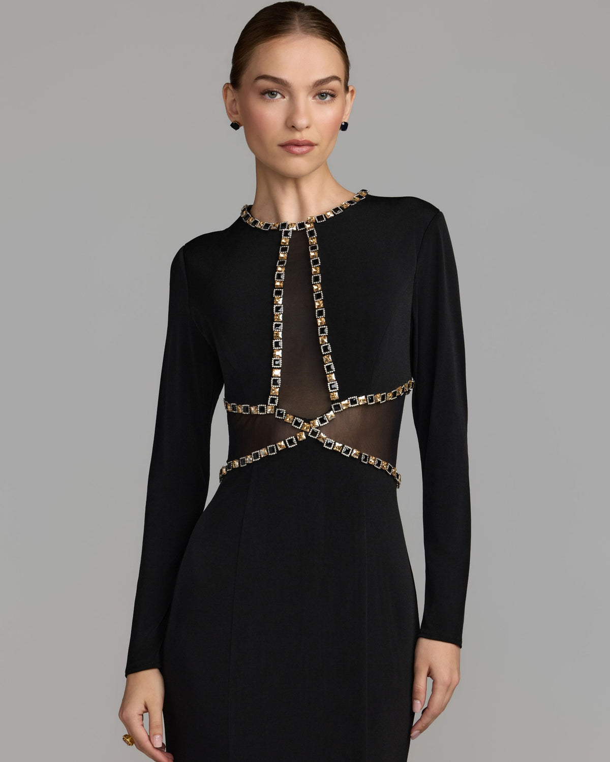 Black Crystal Trim Illusion Mermaid Gown Ieena for Mac Duggal
