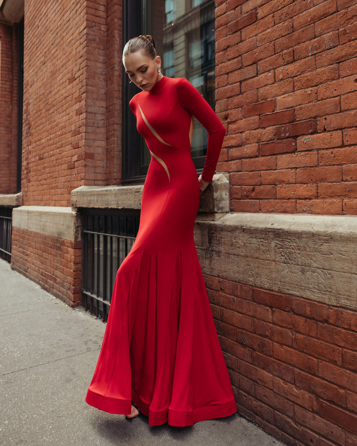 Red Mock Neck Long Sleeve Cut Out Jersey Gown - Ieena for Mac Duggal