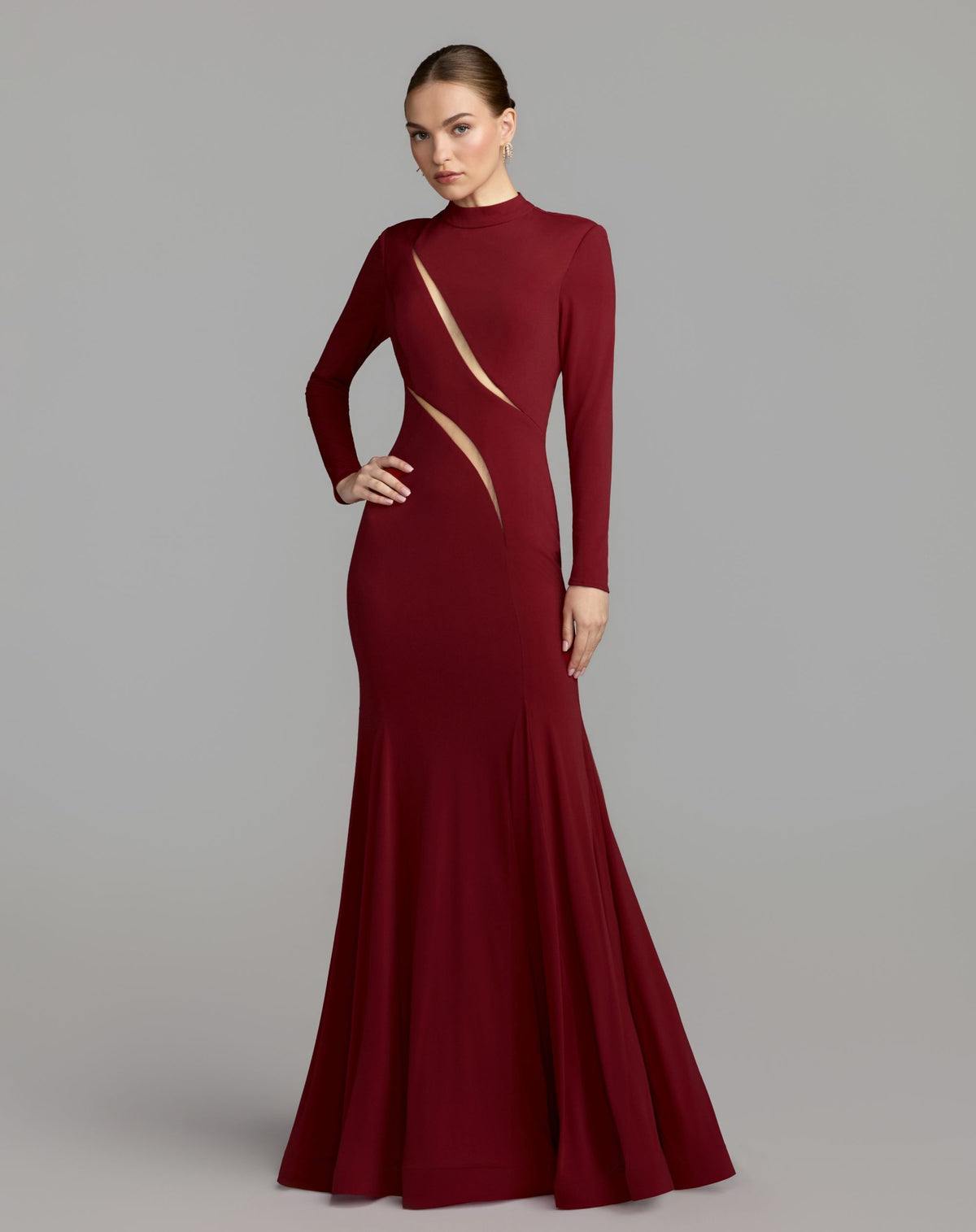 Red Mock Neck Long Sleeve Cut Out Jersey Gown - Ieena for Mac Duggal