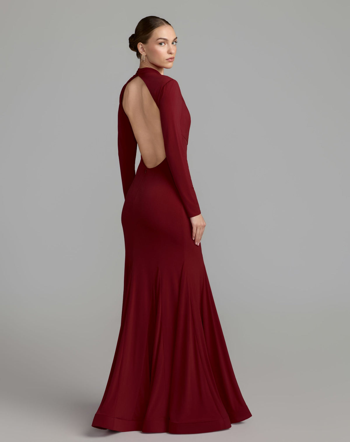 Red Mock Neck Long Sleeve Cut Out Jersey Gown - Ieena for Mac Duggal