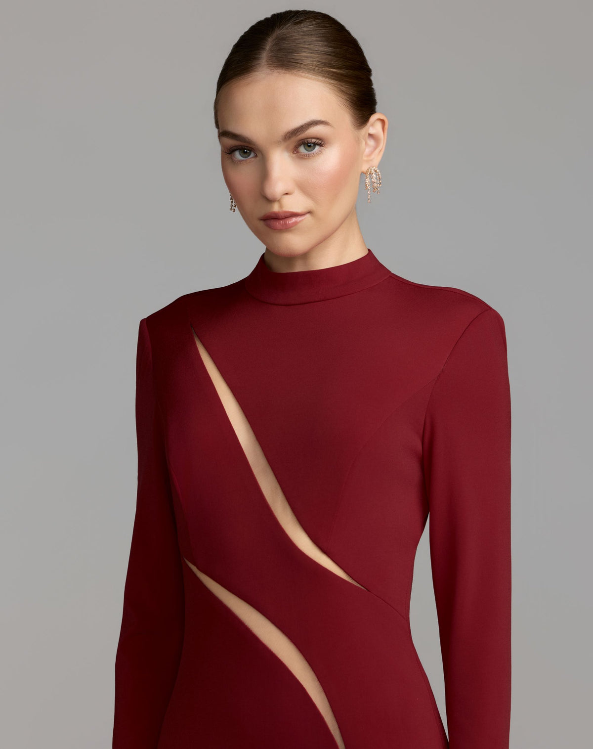 Red Mock Neck Long Sleeve Cut Out Jersey Gown - Ieena for Mac Duggal