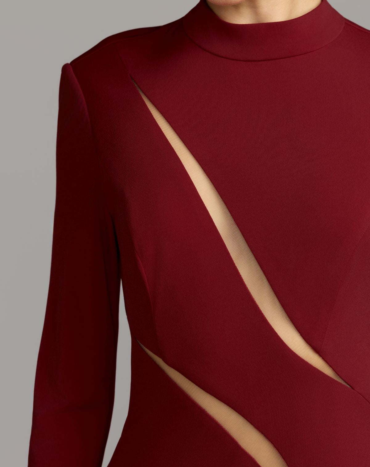 Red Mock Neck Long Sleeve Cut Out Jersey Gown - Ieena for Mac Duggal