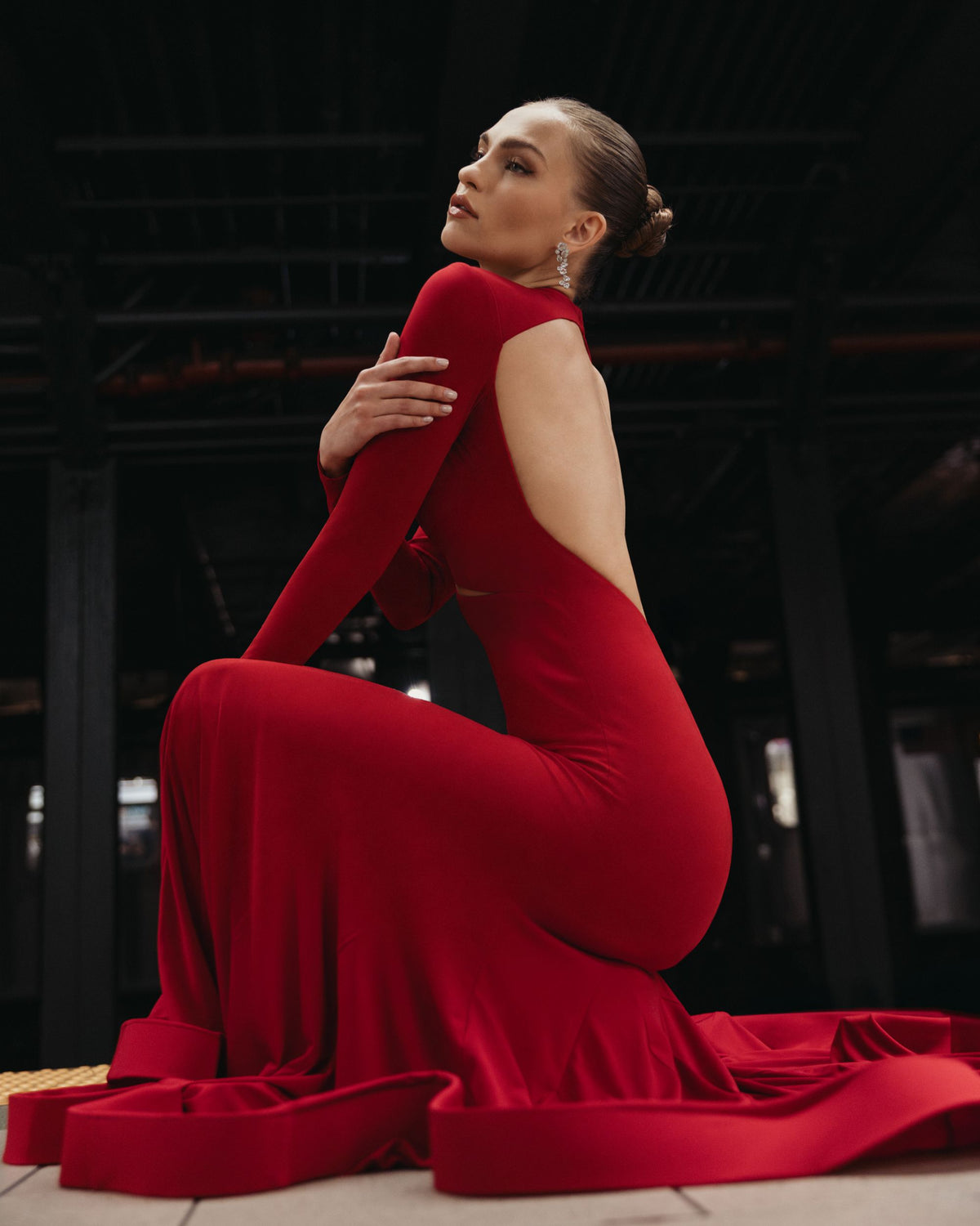 Red Mock Neck Long Sleeve Cut Out Jersey Gown - Ieena for Mac Duggal
