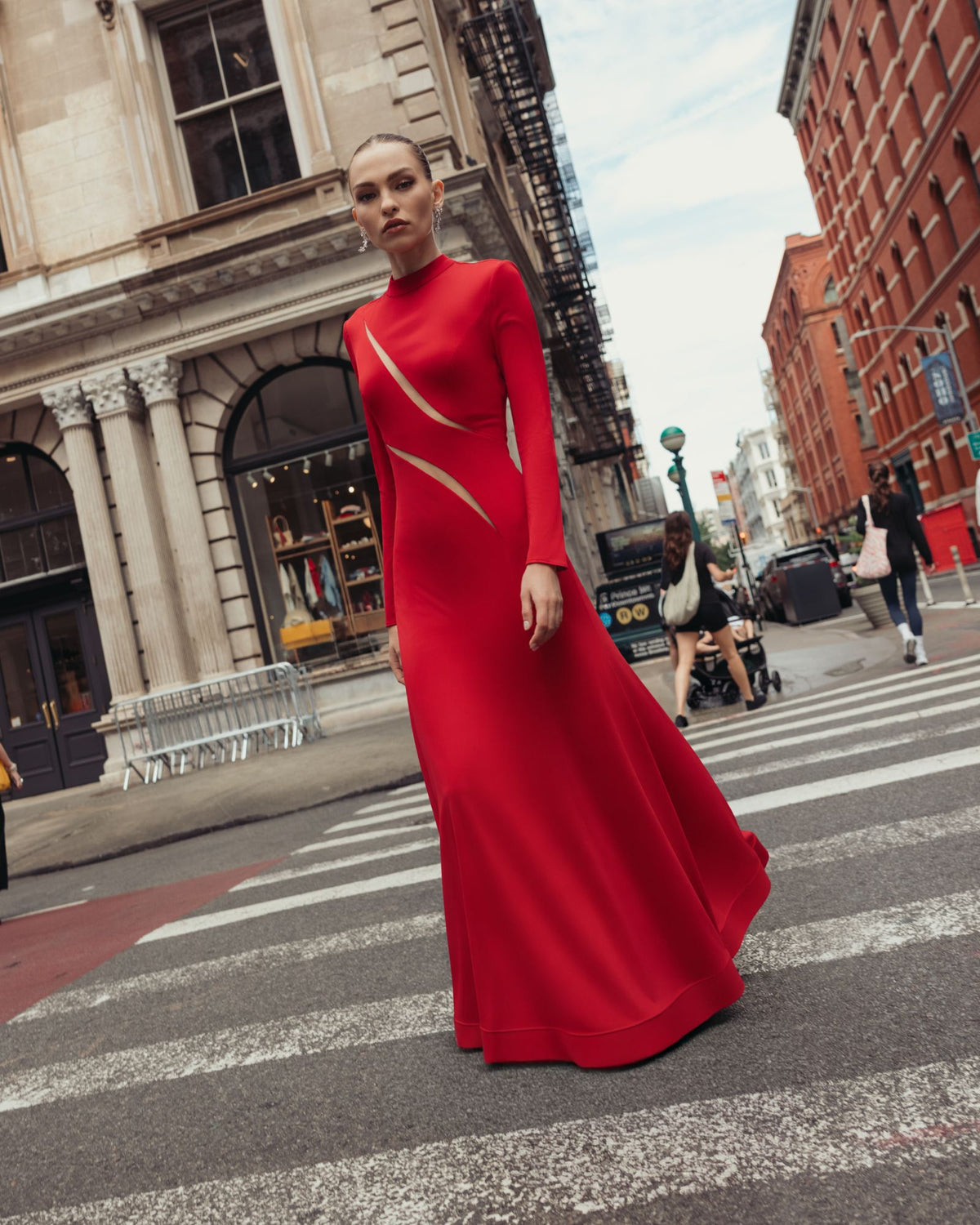 Red Mock Neck Long Sleeve Cut Out Jersey Gown - Ieena for Mac Duggal