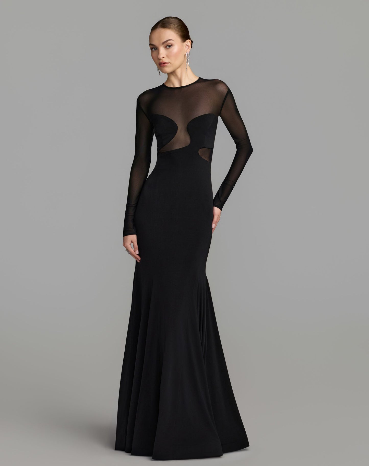 Black Long Sleeve Sheer Detail Mermaid Jersey Gown - Ieena for Mac Duggal