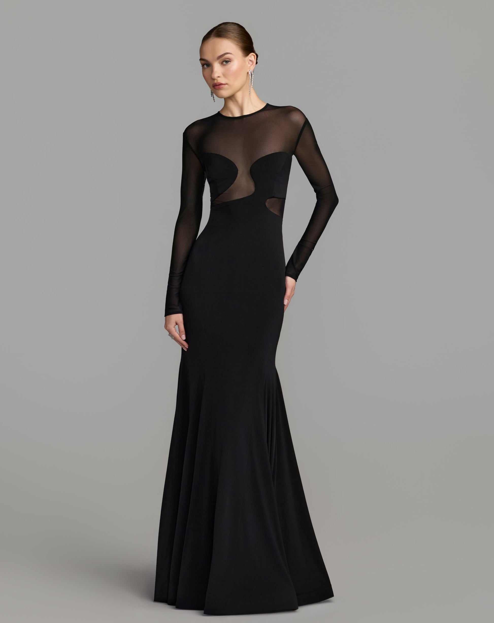 Black Long Sleeve Sheer Detail Mermaid Jersey Gown - Ieena for Mac Duggal