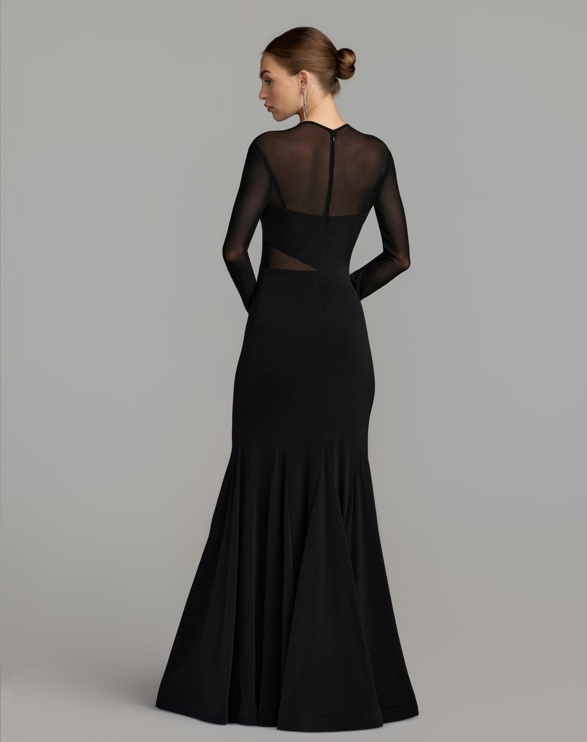 Black Long Sleeve Sheer Detail Mermaid Jersey Gown - Ieena for Mac Duggal