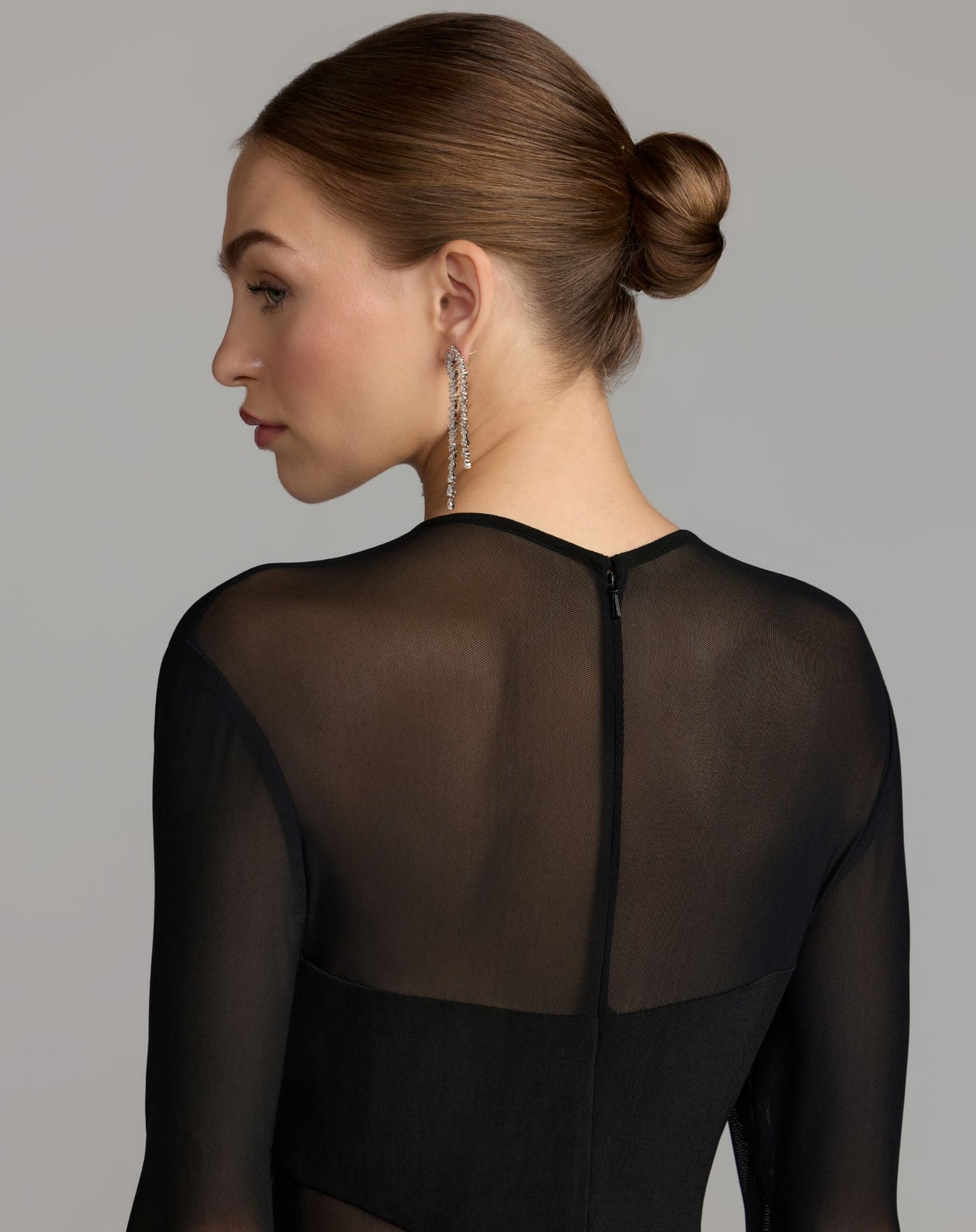 Black Long Sleeve Sheer Detail Mermaid Jersey Gown - Ieena for Mac Duggal