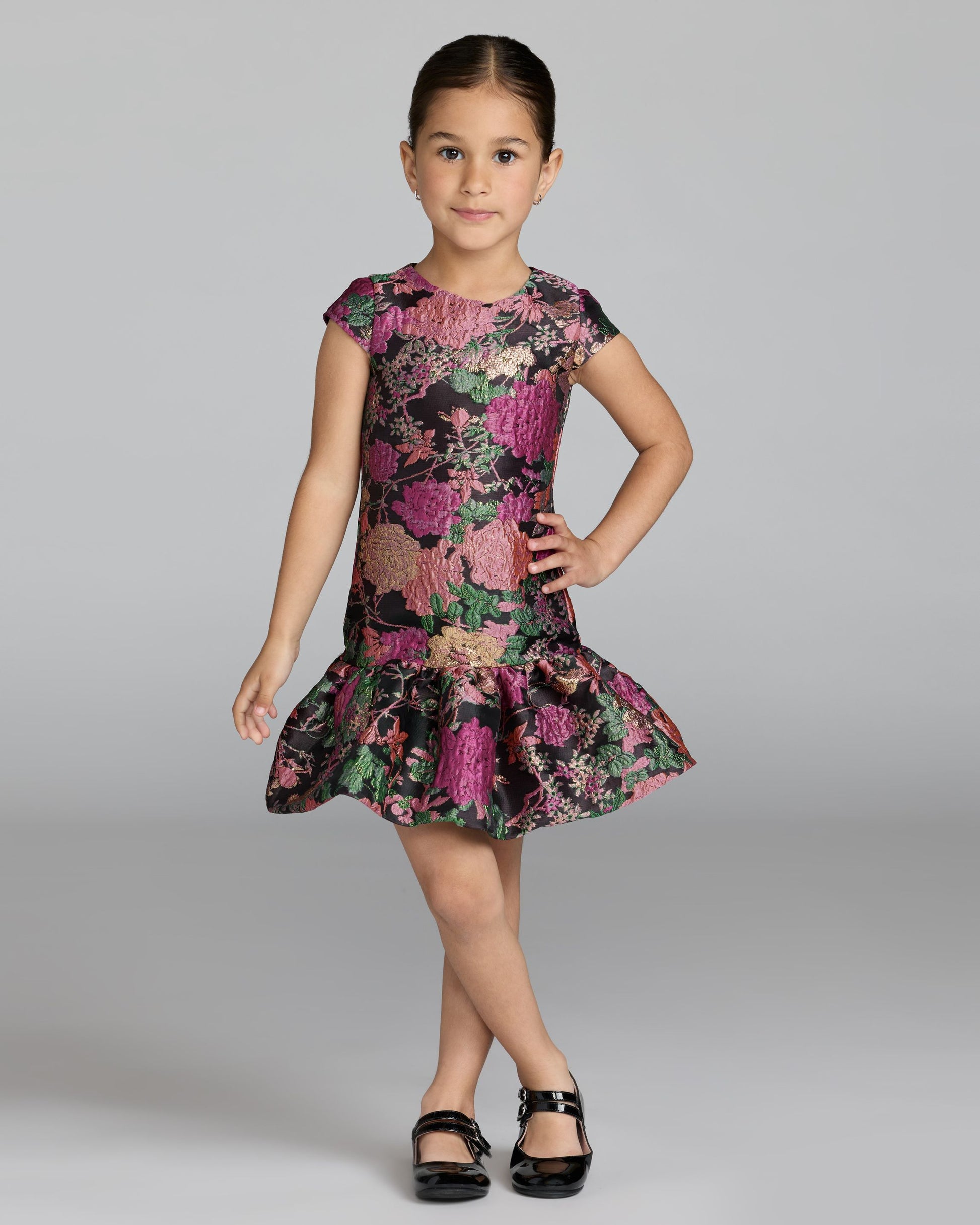 Girls Floral Brocade Drop Waist Mini Dress Mac Duggal