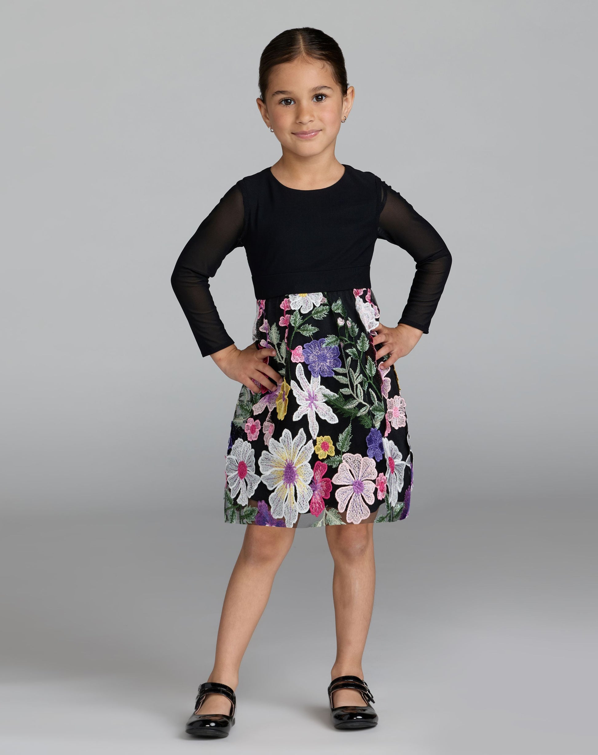 Girls Black Long Sleeve Floral Embroidered Dress - Mac Duggal