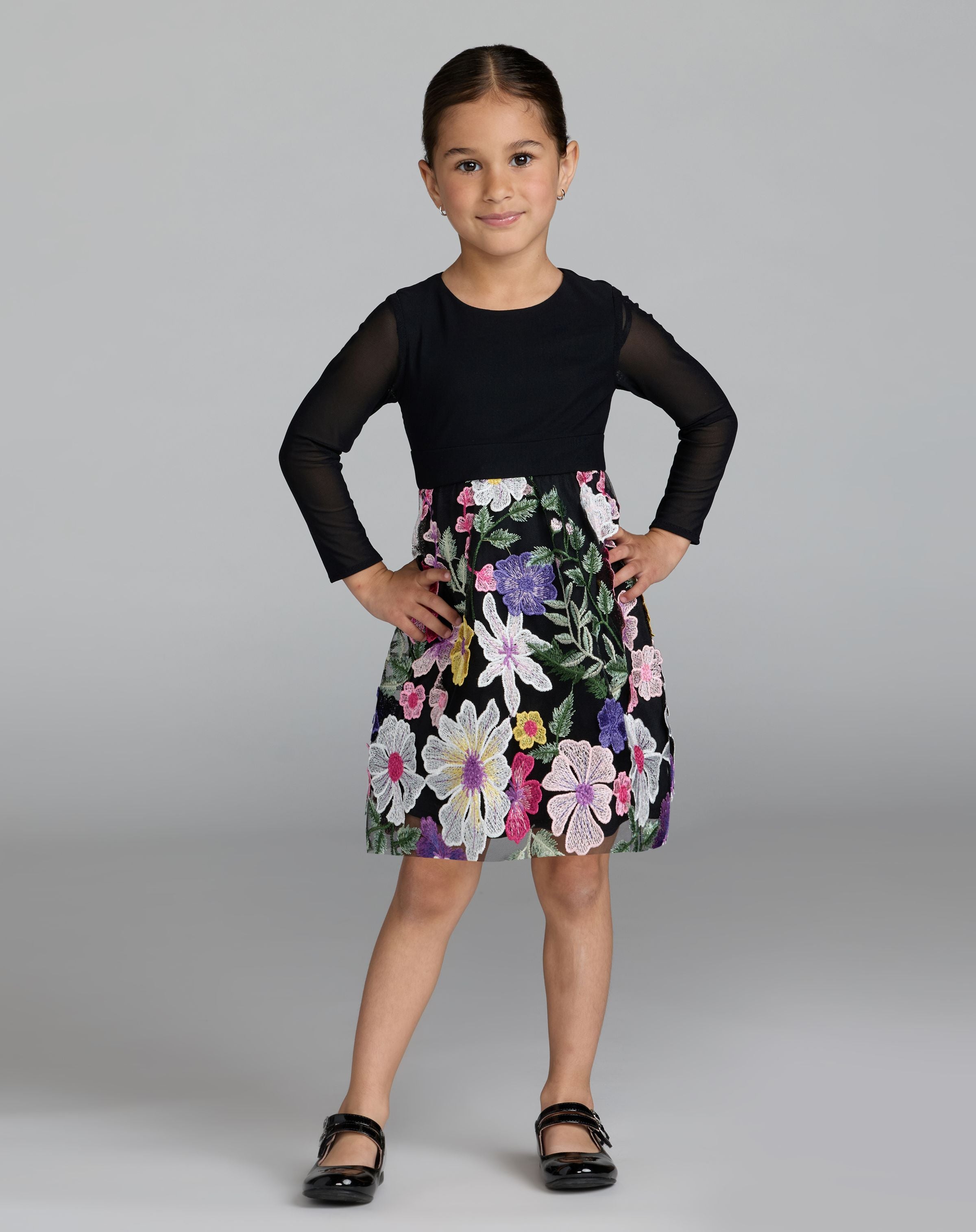 Girls Black Long Sleeve Floral Embroidered Dress - Mac Duggal
