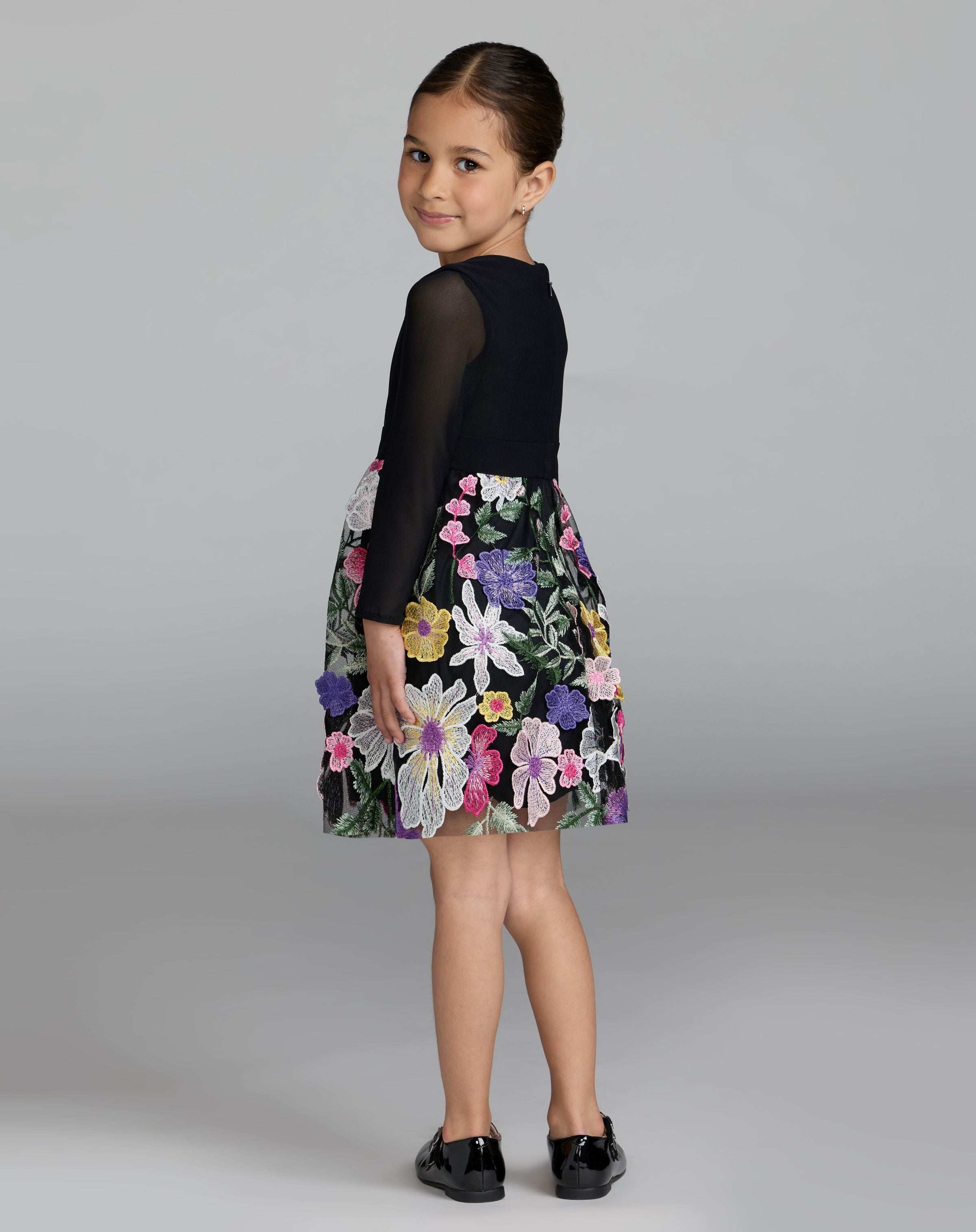 Girls Black Long Sleeve Floral Embroidered Dress - Mac Duggal