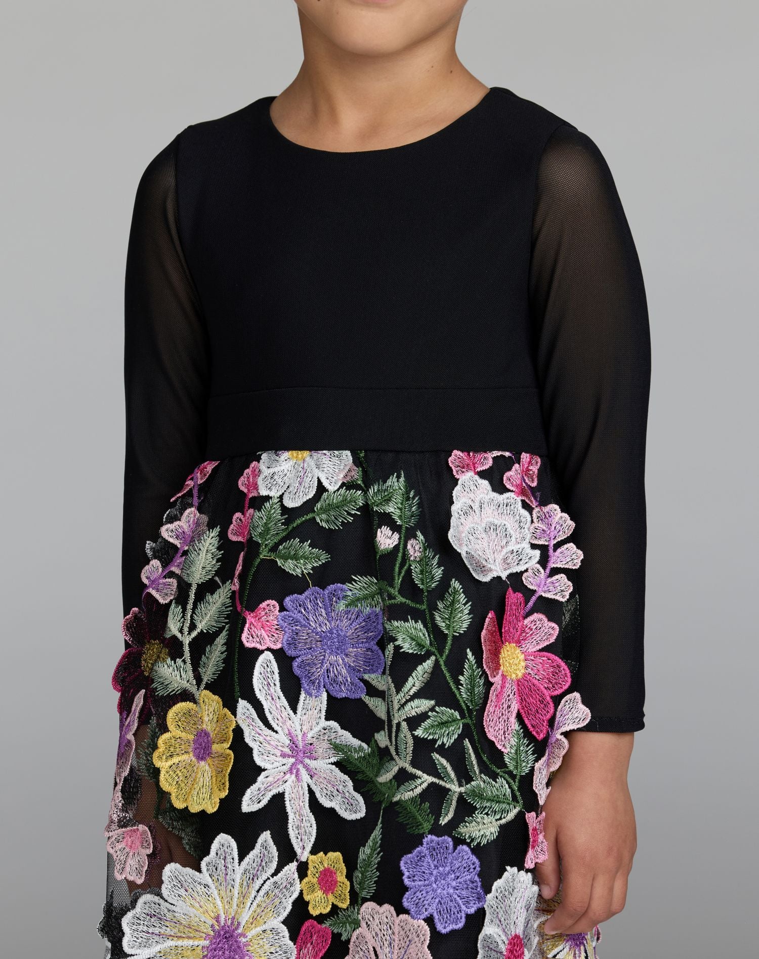 Girls Black Long Sleeve Floral Embroidered Dress - Mac Duggal