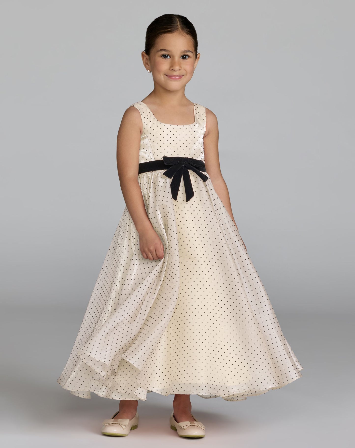 Girls Ivory Polka Dot Square Neck Dress With Bow - Mac Duggal
