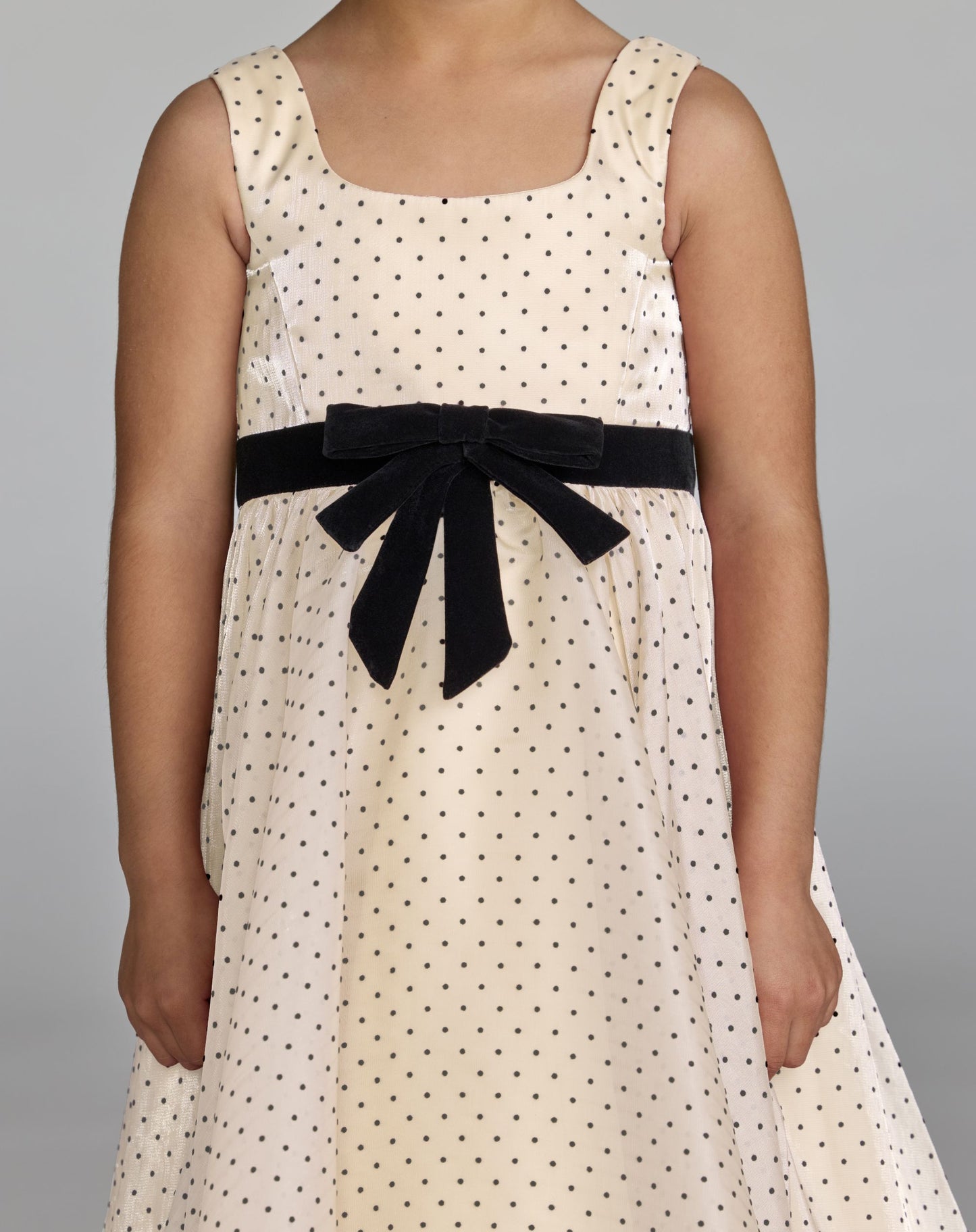 Girls Ivory Polka Dot Square Neck Dress With Bow - Mac Duggal