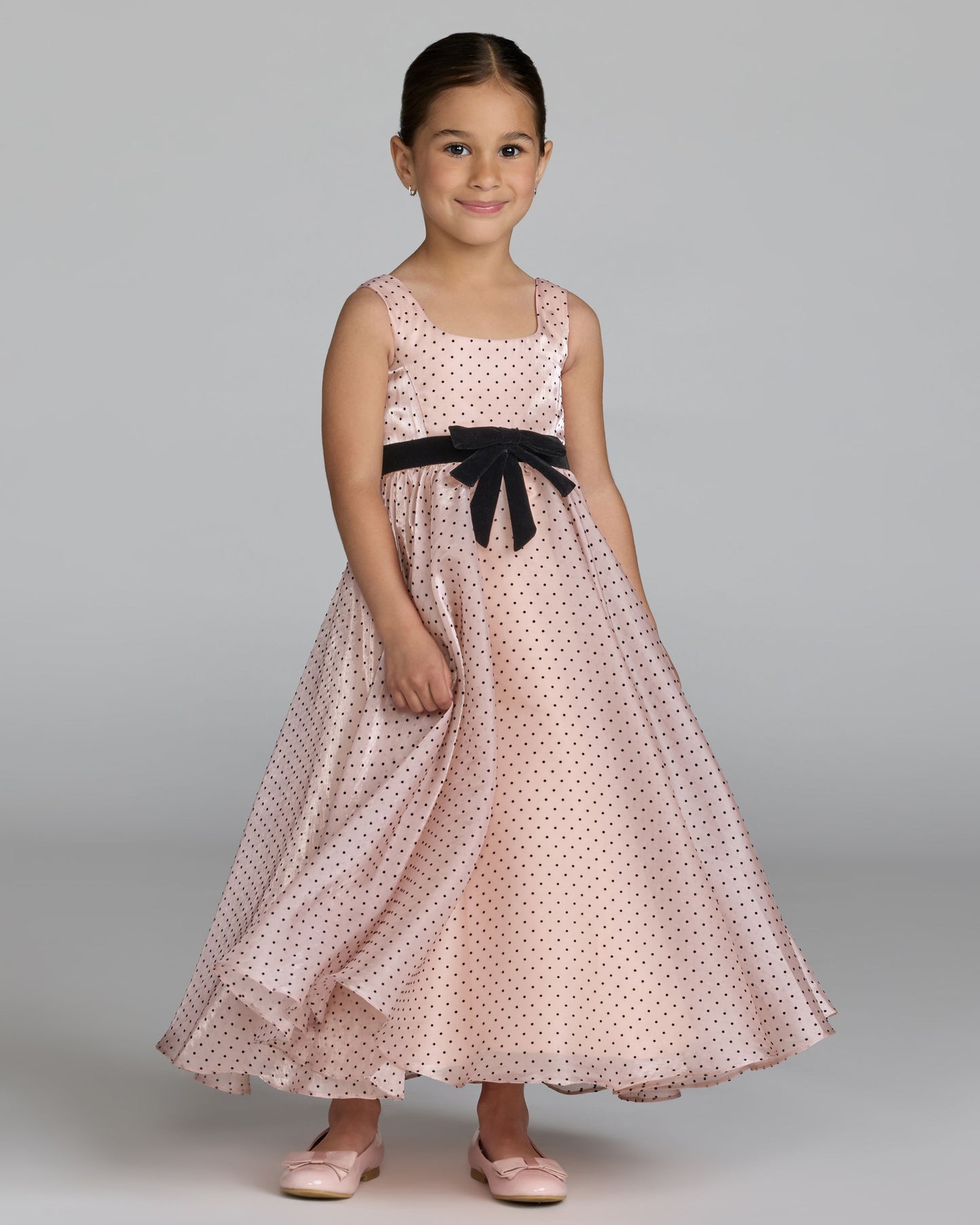 Girls Pink Polka Dot Square Neck Dress With Bow Mac Duggal