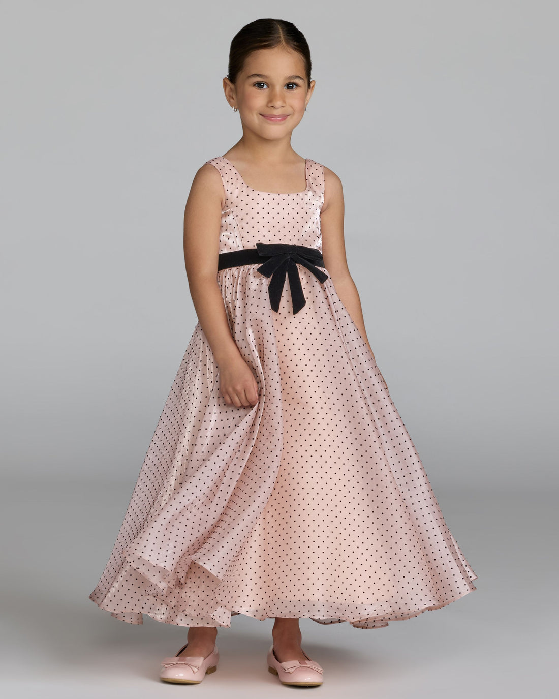 Girls Pink Polka Dot Square Neck Dress With Bow Mac Duggal