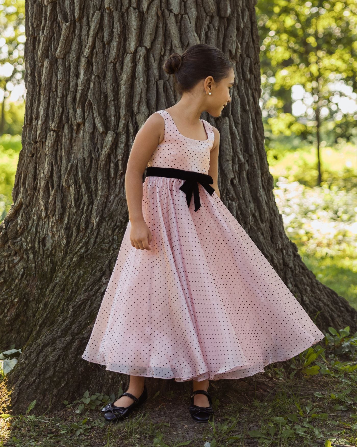 Girls Pink Polka Dot Square Neck Dress With Bow Mac Duggal