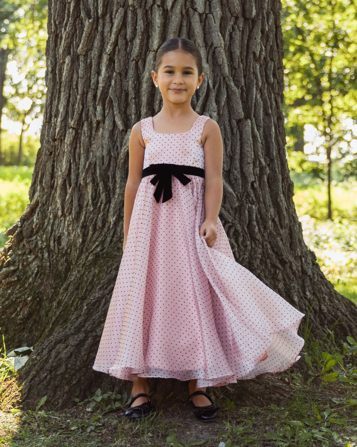 Girls Pink Polka Dot Square Neck Dress With Bow Mac Duggal