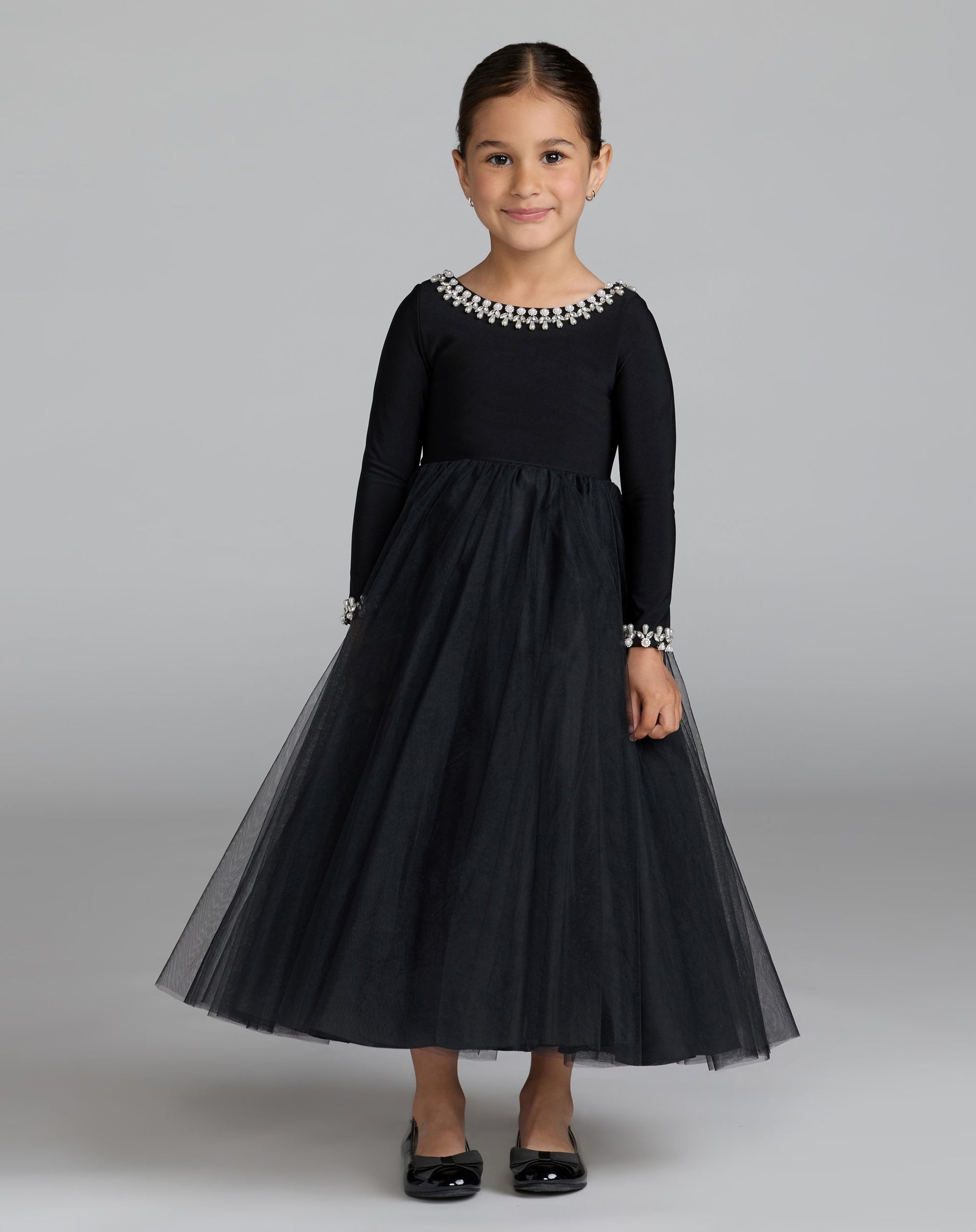 Girls Black Long Sleeve Embellished A-line Dress - Mac Duggal