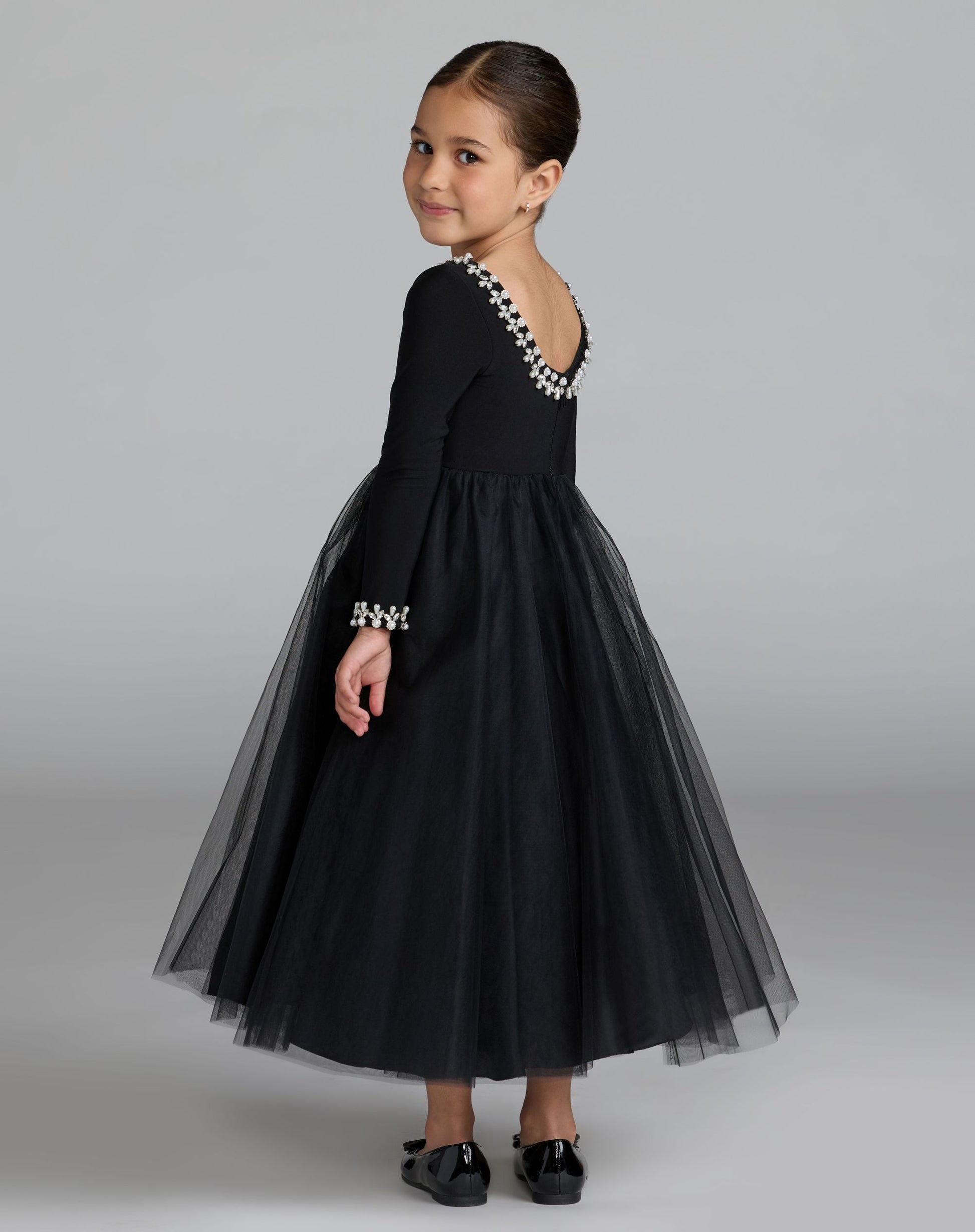 Girls Black Long Sleeve Embellished A-line Dress - Mac Duggal