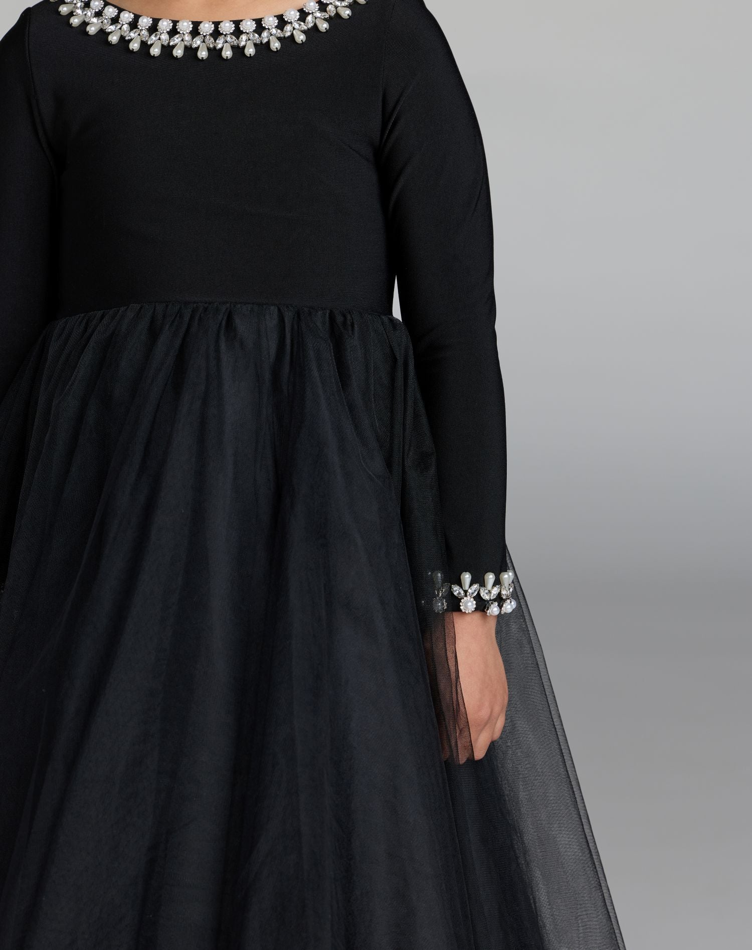 Girls Black Long Sleeve Embellished A-line Dress - Mac Duggal