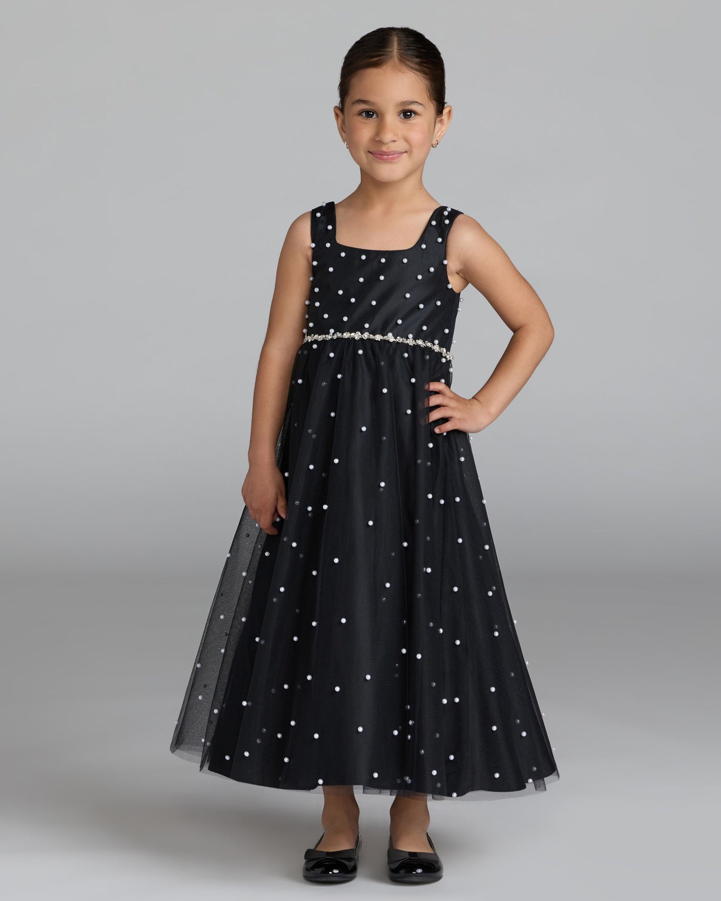 Girls Black Pearl Tulle Maxi Dress Mac Duggal