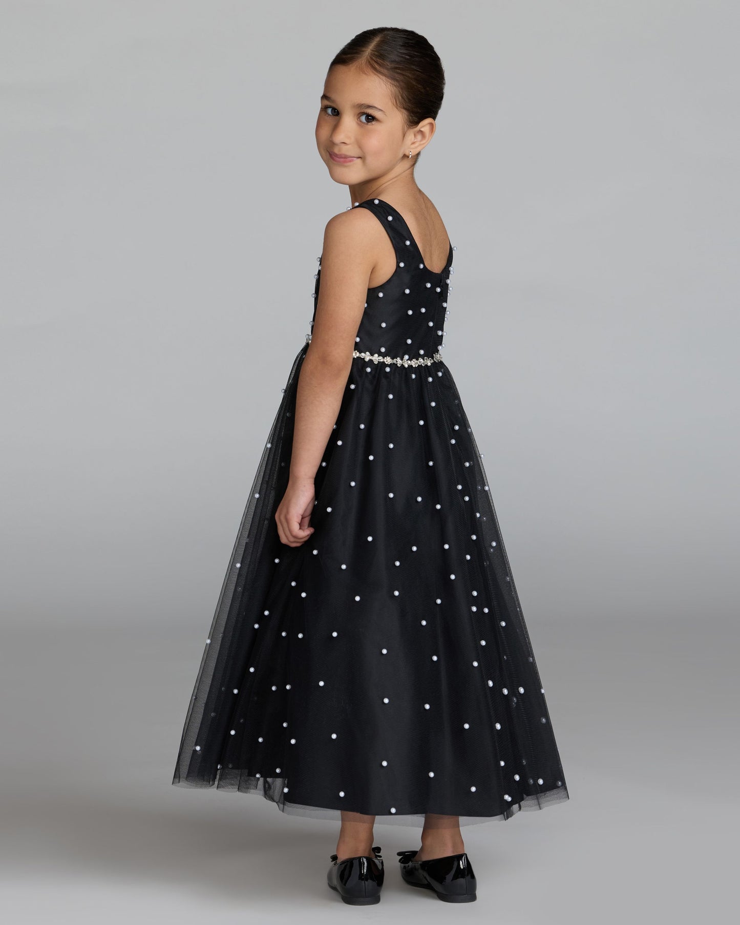 Girls Black Pearl Tulle Maxi Dress Mac Duggal