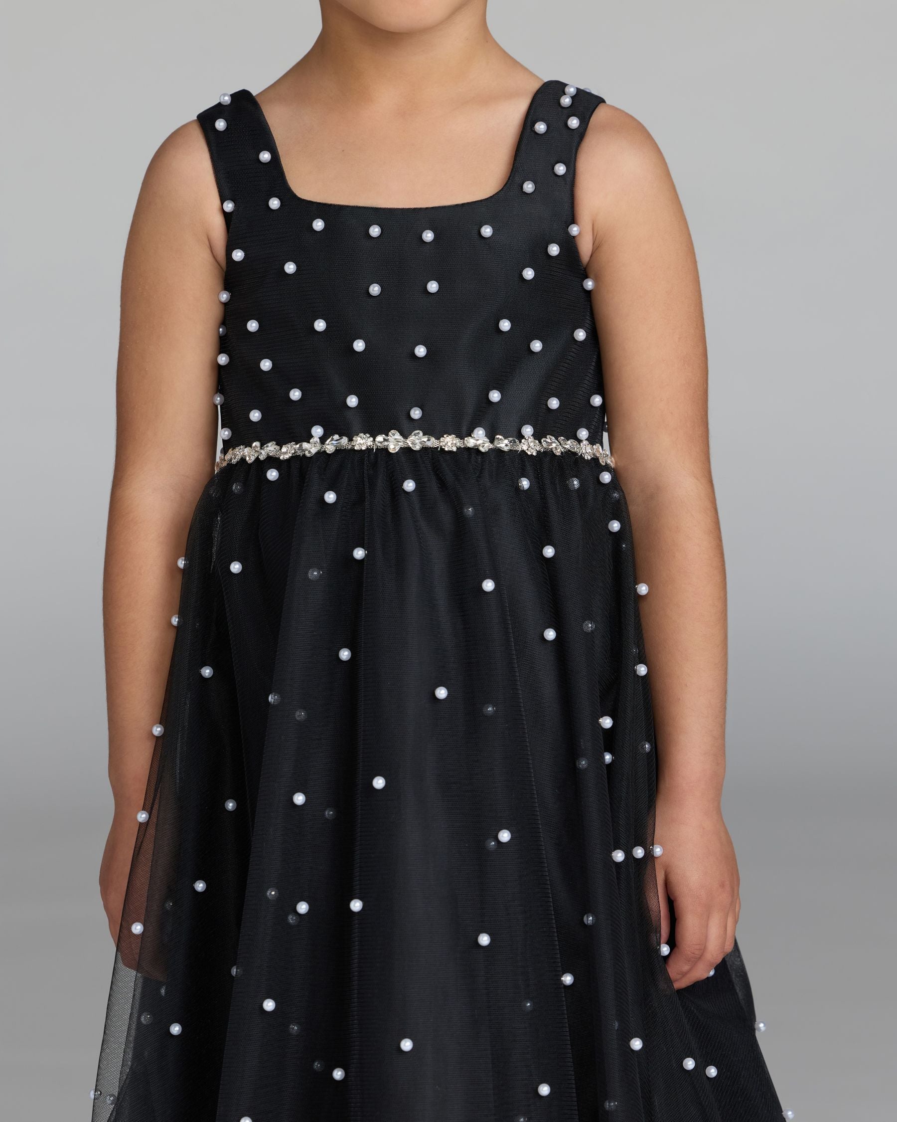 Girls Black Pearl Tulle Maxi Dress Mac Duggal