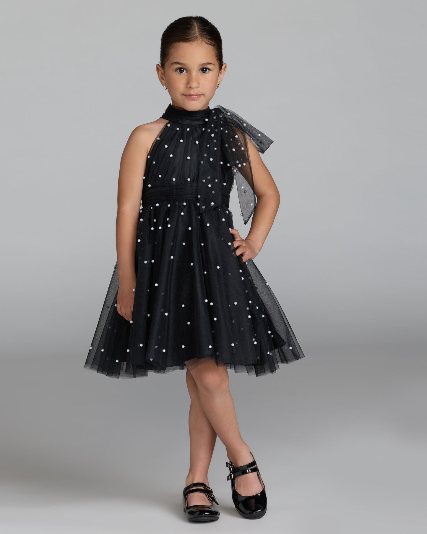 Girls Black Pearl Beaded Tulle Mini Dress Mac Duggal