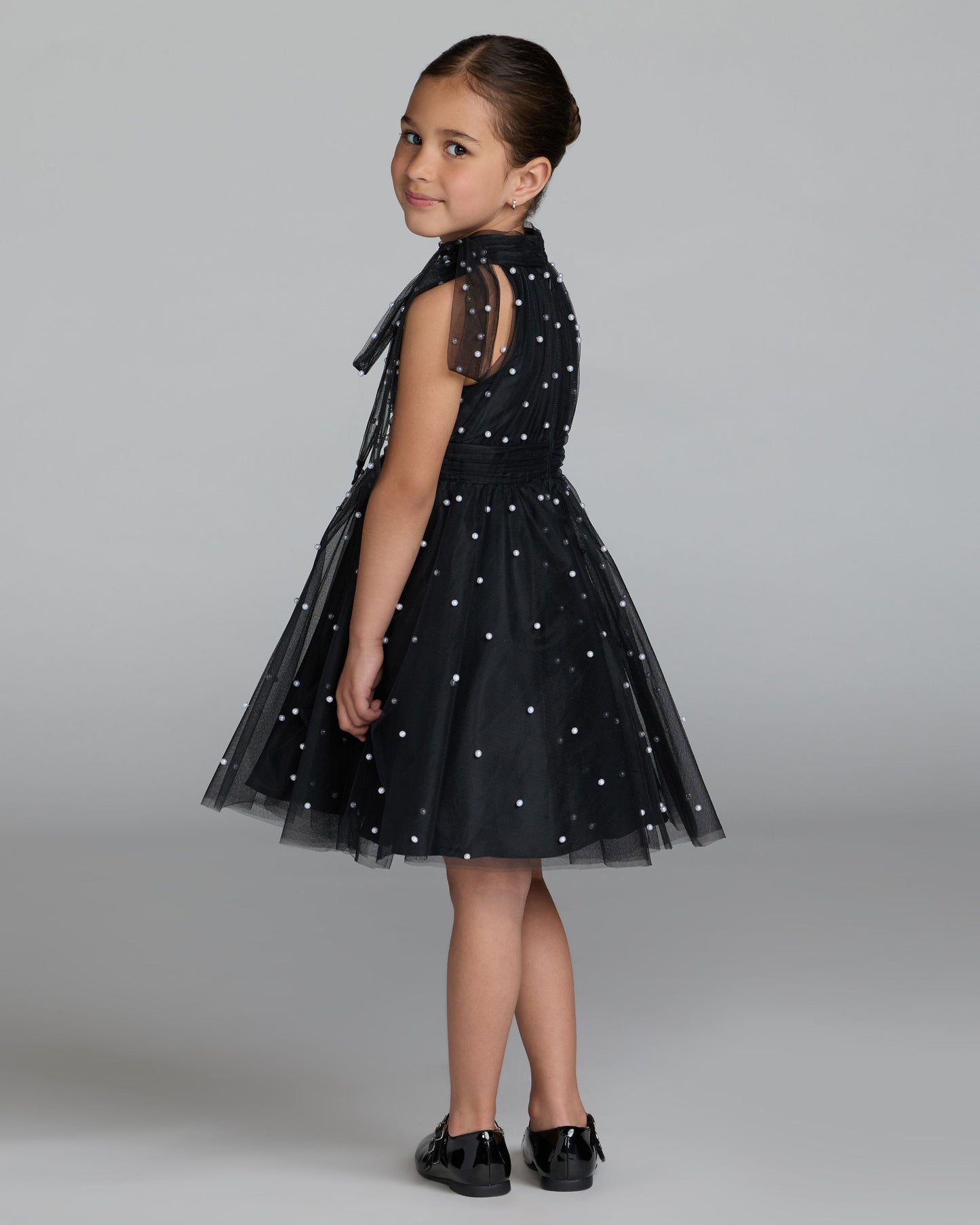 Girls Black Pearl Beaded Tulle Mini Dress Mac Duggal