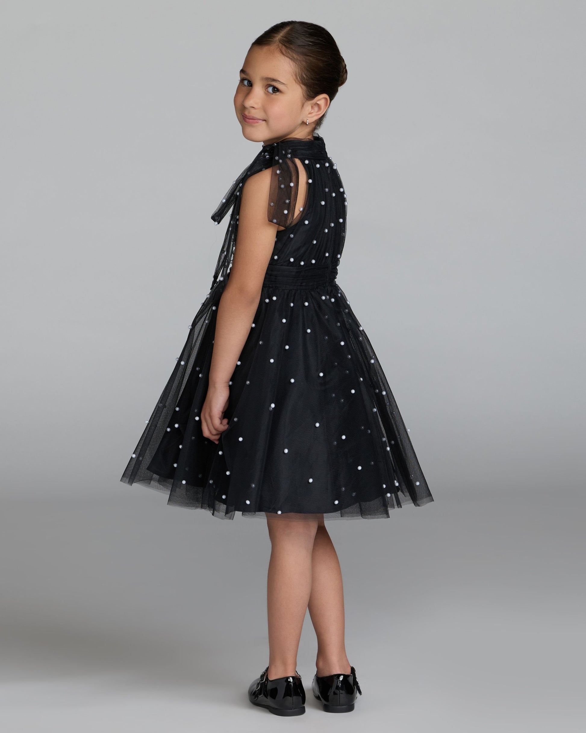 Girls Black Pearl Beaded Tulle Mini Dress Mac Duggal