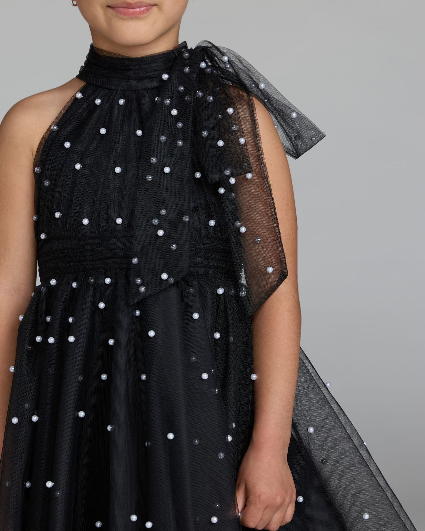 Girls Black Pearl Beaded Tulle Mini Dress Mac Duggal