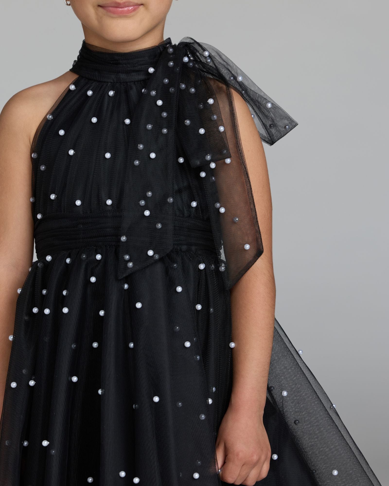 Girls Black Pearl Beaded Tulle Mini Dress Mac Duggal